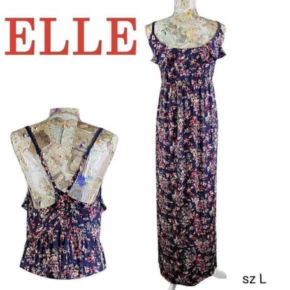 ELLE Dark Blue Floral Crochet Criss Cross Straps Stretchy Ruffle Top Maxi Dress - Picture 2 of 10